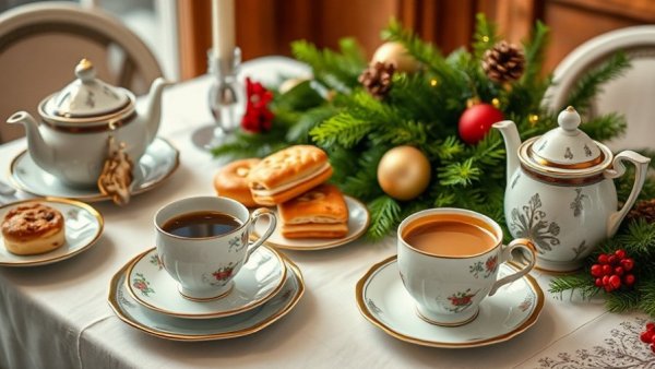 Adolphus Holiday Tea Dallas setting with pastries and coffee.