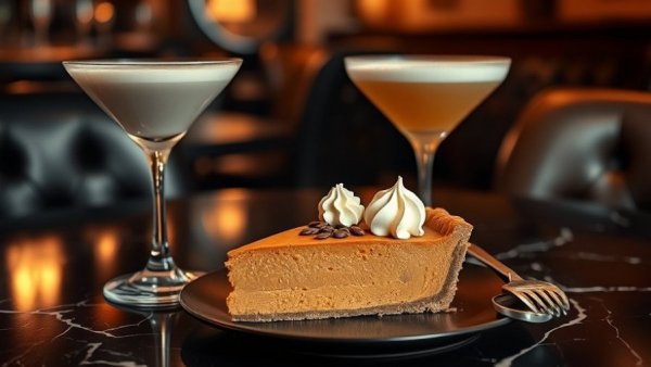 Elegant pumpkin pie and martini presentation in a restaurant.