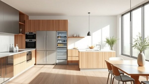 Modern kitchen with counter-depth refrigerator and wooden details.
