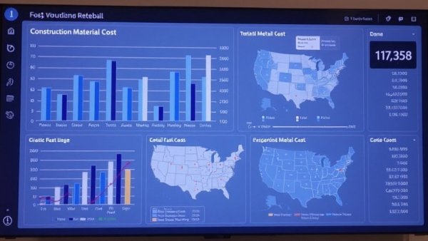 Dashboard of construction material cost trends with graphs and map.