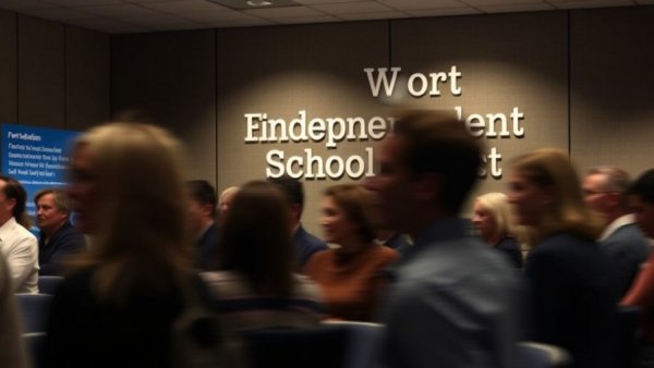 FWISD takeover meeting with blurred attendees in front of signage.