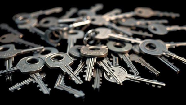 Close-up of keys for Emergency Locksmith Services against a dark background.