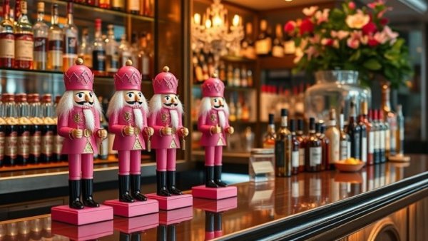 Dining at Paradiso in Bishop Arts with pink nutcrackers on bar.