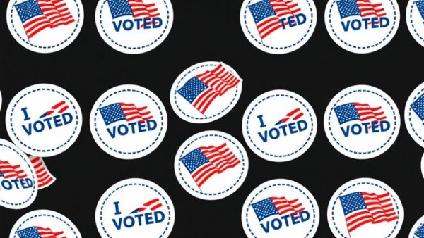 Pattern of I Voted stickers highlighting blocked Texas Congressional maps.