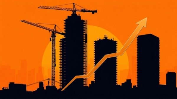 Construction building silhouette with crane and upward arrow, indicating economic trends.
