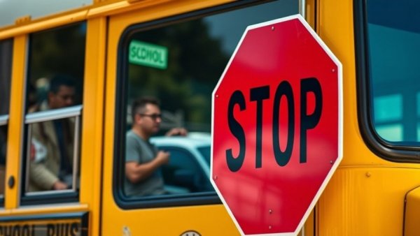 School bus stop sign with lights on, highlighting dangerous traffic behaviors in school zones.