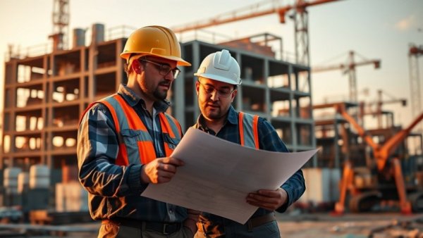 Construction workers discussing safety plans at a site during sunset.