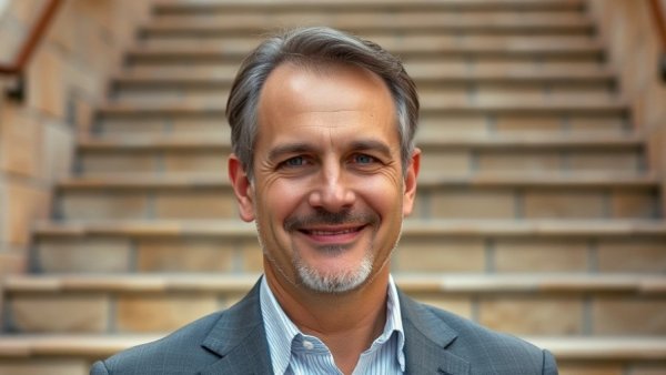Professional man with slight smile on staircase background.