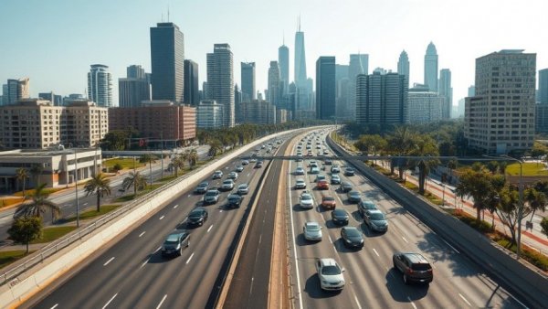 Urban highway with traffic, city skyline in background.