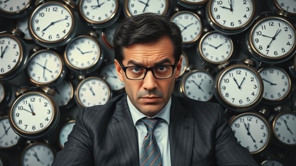 Overwhelmed worker surrounded by clocks symbolizing costs of unpaid overtime.