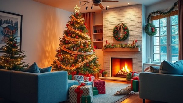 Festive living room with Christmas tree and gifts for Holiday Gift Exchange Theme Ideas.