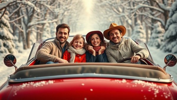 Family at Dallas holiday event in vintage car, festive atmosphere.