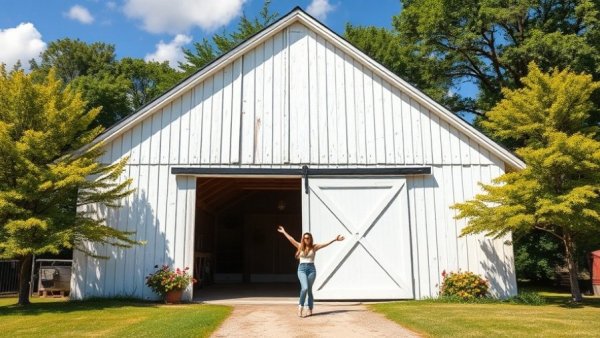 Charming barn door designs with woman in front, sunny day.