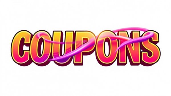 Colorful 'COUPONS' graphic, vibrant purple and yellow hues.