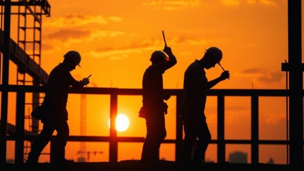 Silhouetted construction workers at sunset represent construction job growth.