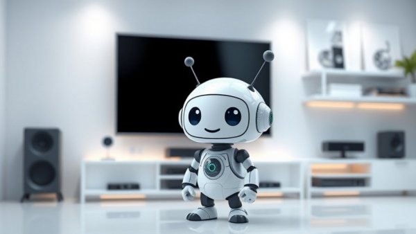 Futuristic cartoon robot in smart TV setup environment.