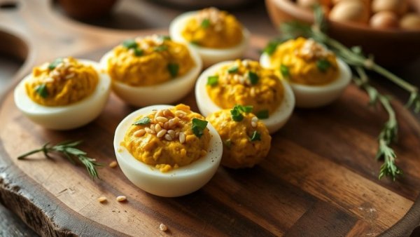 Curried devilled eggs with herbs and sesame seeds on a wooden board.