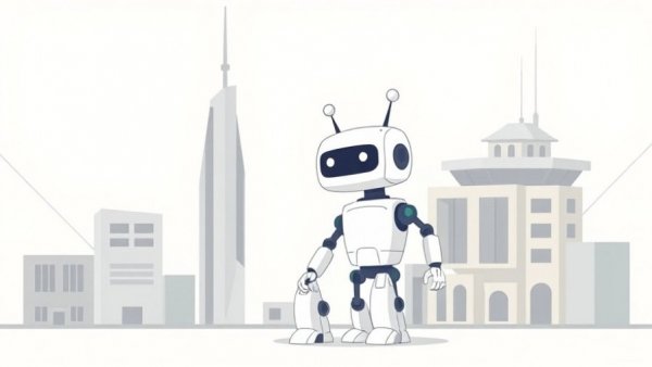 Cartoon robot with antennas near abstract buildings, AT&T midband spectrum 5G expansion.