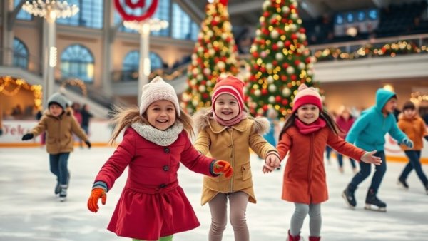 Children enjoying ice skating at Dallas ice skating rinks 2025, festive setting.