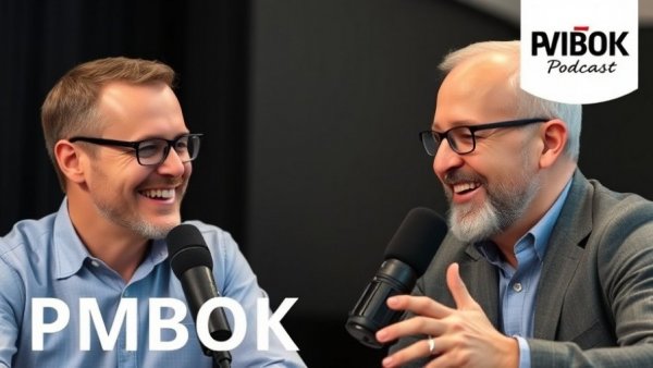 PMBOK Guide 8 podcast cover with two hosts smiling.