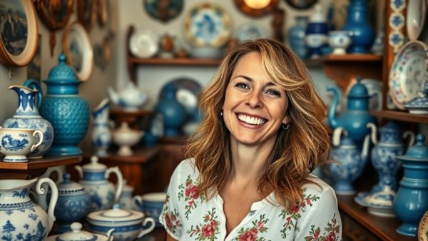 Woman at boutique estate sale in Fort Worth with vintage pottery.