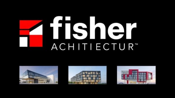 Fisher Architecture logo and sustainable building images.