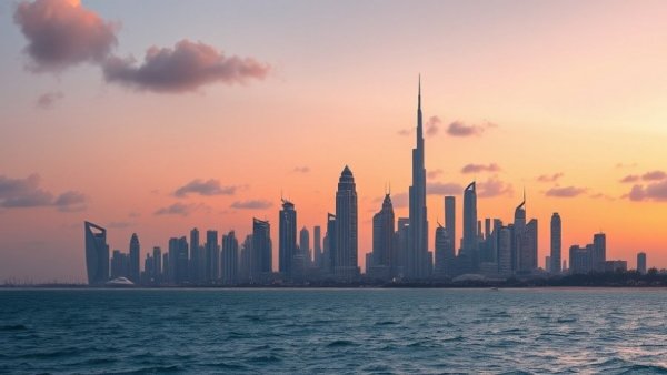 Dubai skyline at sunset during OS+H Middle East trade fair.