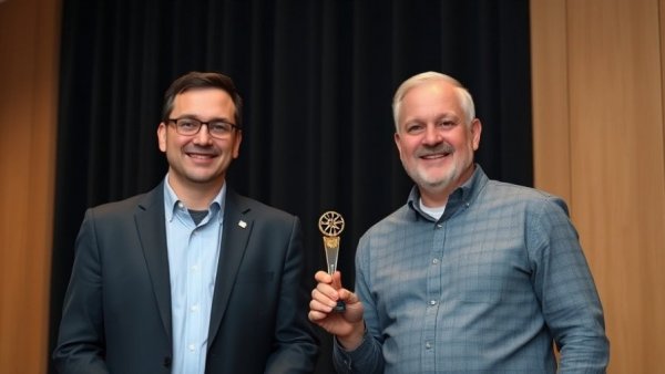 Men at award ceremony holding roofing safety commitment plaque.
