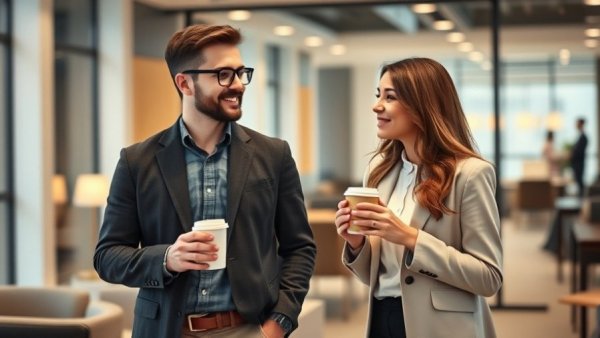 Young professionals discussing coffee break in modern office, drivers of burnout in the workplace.