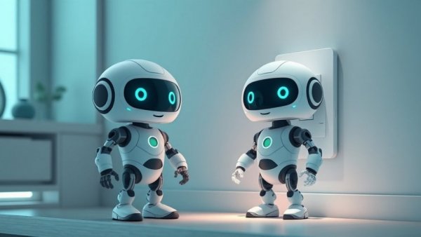 Cartoon robot next to smart home hub light switch interface.