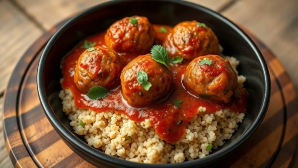 Tomato Braised Turkey Meatballs on Lemon-Scented Quinoa