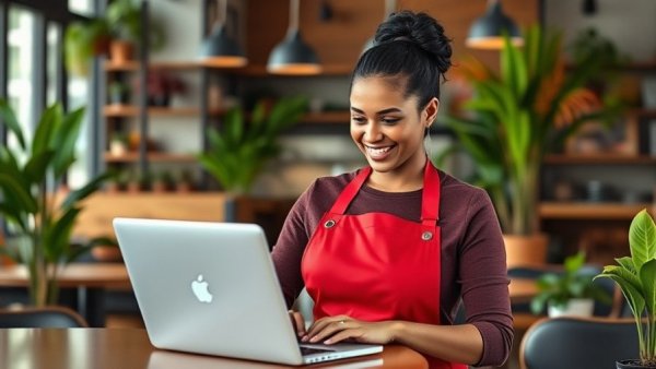 Confident woman in hospitality managing finances on laptop in café