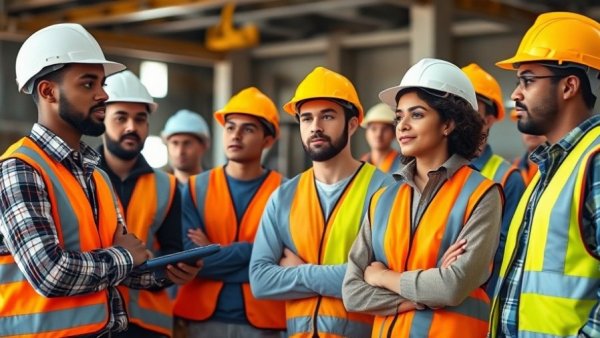 Young construction workers in safety gear, listening attentively at a meeting.