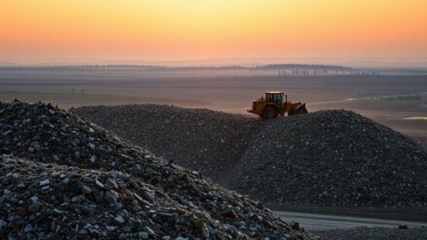 Vast landfill with a bulldozer atop piles of waste, illustrating recycling issues.