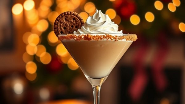 Festive holiday cocktail recipe with cookie garnish