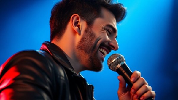 Man in leather jacket smiling with microphone at Dallas concert.