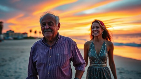 Older man and young woman on beach at sunset, Sentimental Value Father-Daughter Drama.