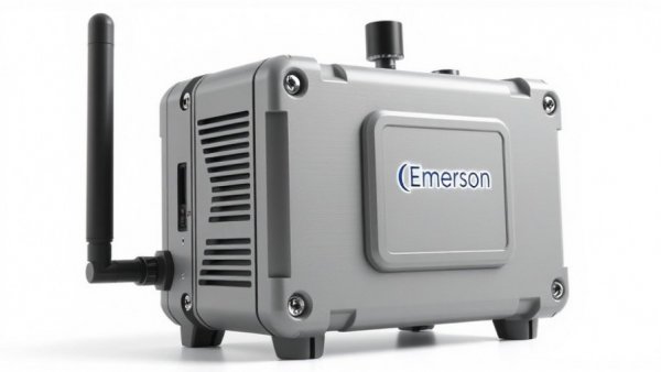 Gray Emerson gas grid monitoring device with antenna, isolated on white.