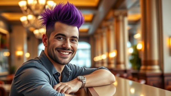 Oak & Third restaurant Mineral Wells: Man with purple mohawk smiling at counter.