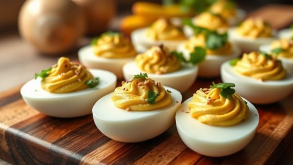 Deviled eggs on a low-FODMAP diet wooden board.
