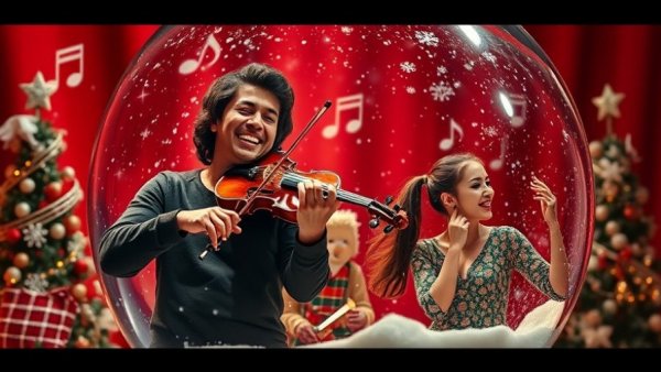 Dallas Symphony Orchestra holiday concerts festive globe with musicians in red background.