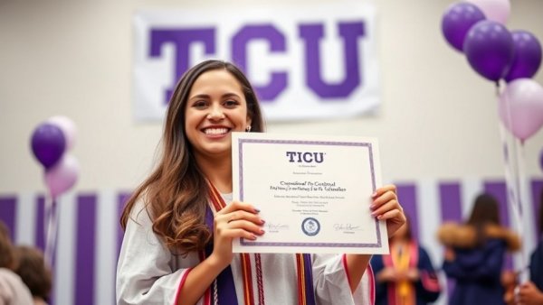 Young woman celebrating achievement in Fort Worth at a TCU event.