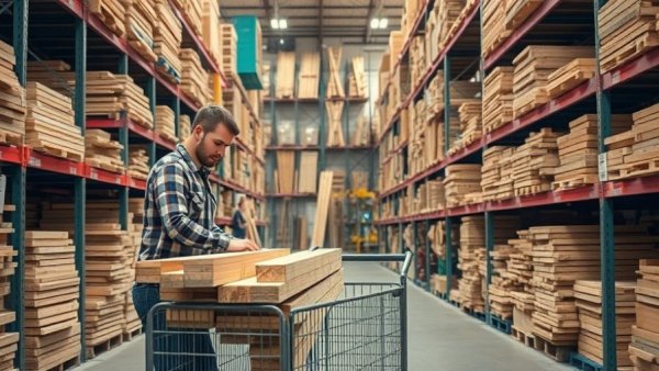 Examining lumber for quality amidst rising construction costs in a store.