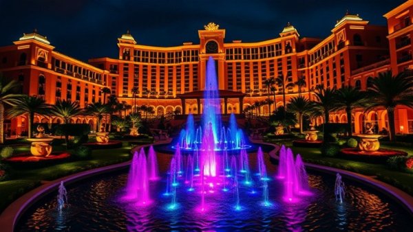 Baha Mar resort at night with vibrant fountains.