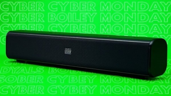 Cyber Monday soundbar deals promotional image with sleek black soundbar.