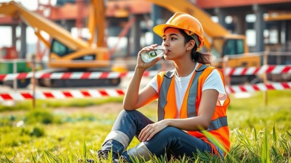 Construction worker practicing heat safety, drinking water.