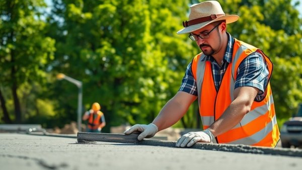 Construction worker in safety gear handling concrete, occupational heat safety lab emphasis.
