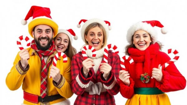 Festive performers with candy-cane props, December theater events Dallas Fort Worth.
