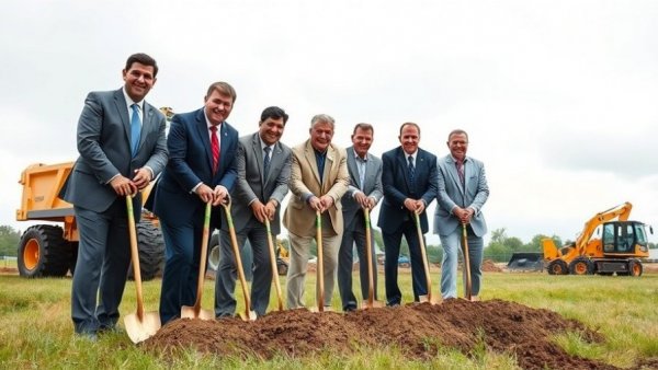 Texas highway construction groundbreaking ceremony with officials holding shovels.