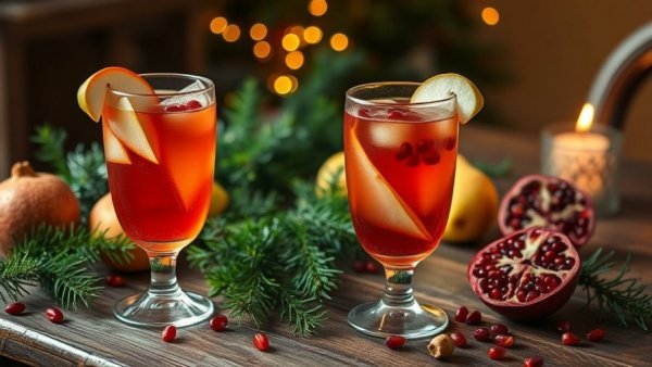 Spiced Pear and Pomegranate Sangria in elegant glasses with pear garnish.
